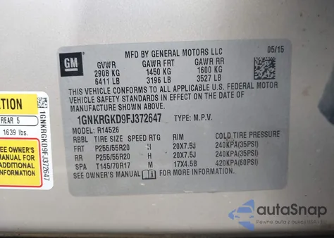 2015 Chevrolet Traverse 1Lt из США, поврежденный, VIN 1GNKRGKD9FJ372647